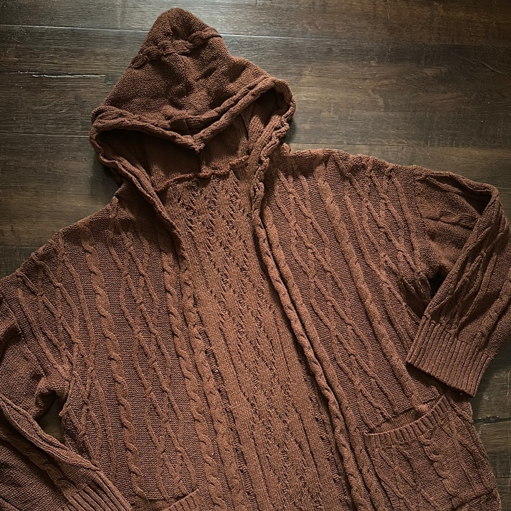 Women’s Rust Brown Cable Knit Hooded Hygge Cottagecore Long Sweater w/ Pockets